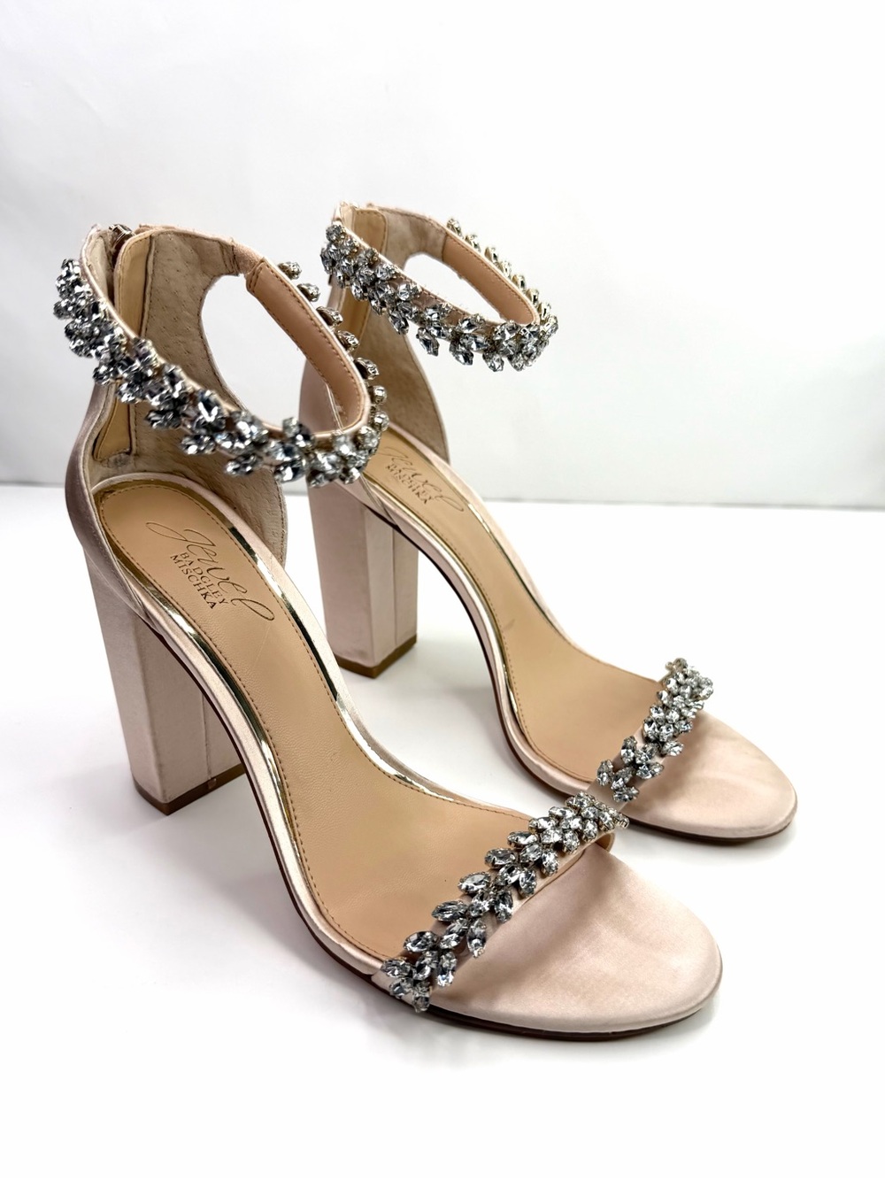 Jewel Badgley Mischka Nude Mayra Embellished Ankle-Strap Block Heel Sandals